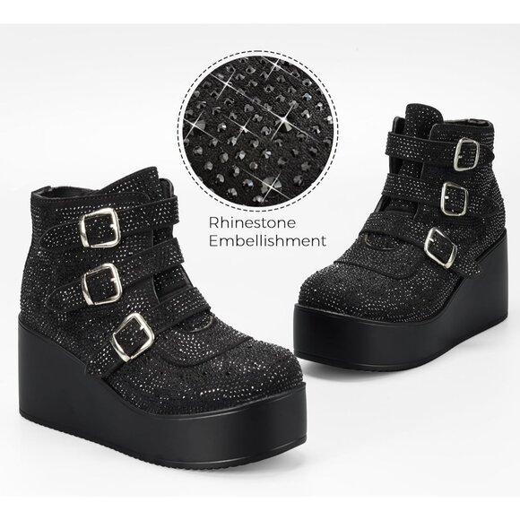 Women Black Rhinestone Polyurethane Buckle Thick Sole Platform Ankle Boots - Picture 4 of 9